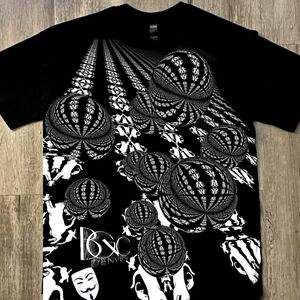 Black T-Shirt with White Cat Crest 3D Perspective Orb All Over Print Unisex L